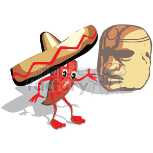 A cute cartoon chili pepper with eyes and limbs, wearing a large sombrero, next to an ancient-style stone face mask resembling Mayan or Aztec art.