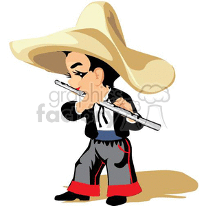 Cartoon of a boy wearing a sombrero playing a flute, dressed in traditional Mexican attire for Cinco de Mayo.