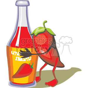 A humorous clipart image of a red chili pepper hugging a bottle of hot sauce, symbolizing spicy Mexican cuisine, often associated with Cinco de Mayo celebrations.