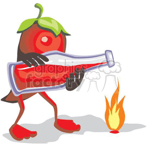 A chili pepper character pouring hot sauce onto a flame, representing spice and heat.