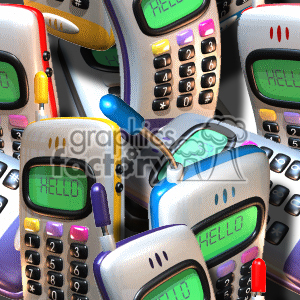 A colorful collage of cartoonish retro mobile phones with green screens displaying the word 'HELLO'.