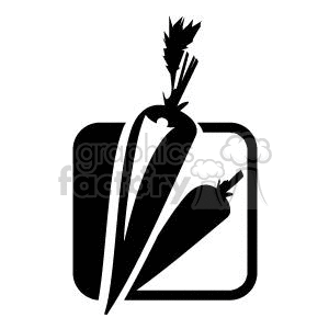 A clipart image of two carrots in black and white, with one standing upright and the other slightly tilted, both encompassed by a rounded square.