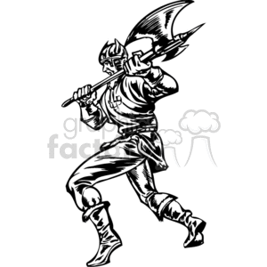 This clipart image depicts a Viking warrior in an action pose, carrying a large battle axe. The Viking is adorned in traditional attire, including a horned helmet, tunic, and boots. The illustration is rendered in a black and white, line art style.