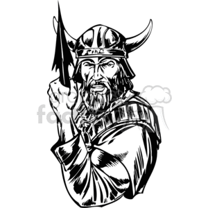 A black and white clipart image of a Viking warrior wearing a horned helmet and holding a spear.