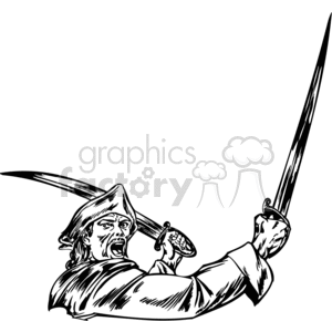 A black-and-white clipart image of an angry pirate wielding two swords, wearing a tricorn hat and an open shirt.