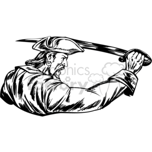 Black and white clipart of an angry pirate wielding a sword with a fierce expression.