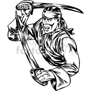 Black and white clipart of a pirate brandishing two swords, wearing a bandana and a rugged outfit.