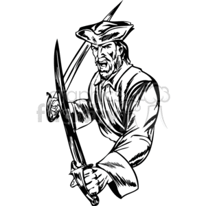 A black and white clipart illustration of a fierce pirate holding two swords, ready for battle. The character is in a dynamic pose, wearing a traditional pirate hat and attire.