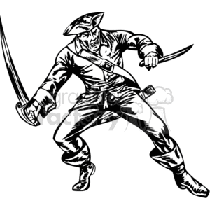 Black and white clipart image of a fierce pirate wielding two swords, ready for battle. The pirate has a rugged appearance and traditional pirate attire.