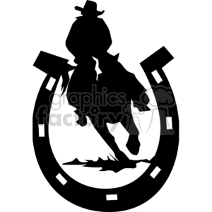 Silhouette of a cowboy riding a horse inside a horseshoe frame.