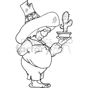 A whimsical cartoon character with a large hat holds a small cactus in a pot. The character has a big belly and is barefoot.