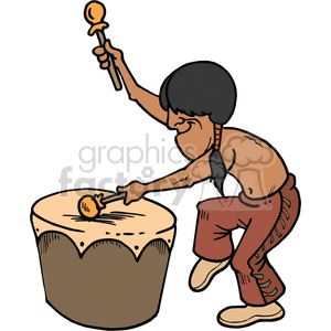 Clipart image of a person playing a large drum with drumsticks, dressed in traditional clothing.