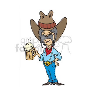 Colorful clipart of a cartoon cowboy holding a frothy mug of beer, wearing a large hat, blue jeans, a red bandana, and brown boots.