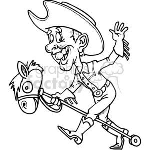 A cartoon cowboy riding a stick horse and waving cheerfully.