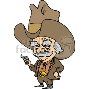 Clipart image of a cartoon cowboy with a large hat, mustache, and revolver.