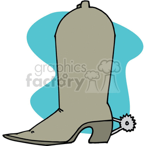 A clipart image of a single cowboy boot with a spur attached to the heel, set against a blue abstract background.