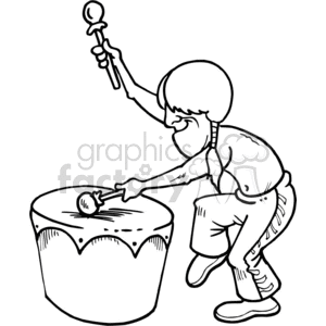 A black and white clipart image of a person playing a drum. The person is holding drumsticks and striking the drum.