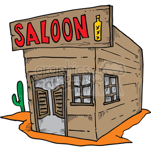 A clipart image of a Western-style saloon with a 'Saloon' sign, a bottle illustration, swinging doors, and a cactus nearby.