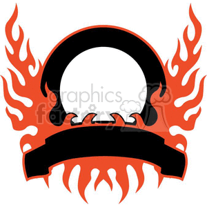 A clipart of a flaming skull with an empty banner below it, featuring orange flames on each side.