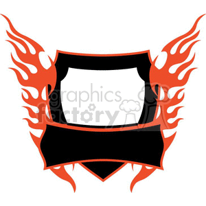 Clipart image of a black shield with red flame outlines, featuring a blank banner at the bottom.