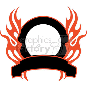 Clipart image featuring a black circular object with red flames extending from both sides, accompanied by a black banner below it.