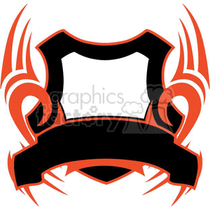 A stylized, symmetrical clipart design featuring a blank black shield in the center with ornate red tribal flames extending outward. At the bottom of the shield is a blank black banner.