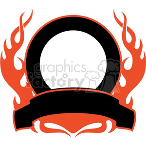 Clipart image of a round emblem with a black circular center and a black banner at the bottom, surrounded by red flames.