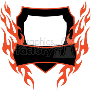A blank black shield with a banner in front, surrounded by stylized orange flames.