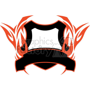 A fiery, stylized shield clipart with an empty banner for text. The shield is black with orange and white flame accents around it.