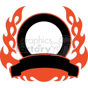 A clipart image of a black circular frame with red flame designs around it. There is also a black banner at the bottom of the frame.