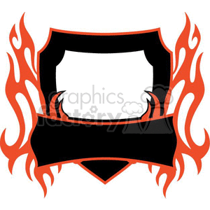 A clipart image featuring a blank shield frame surrounded by stylized orange flames, with a black banner across the bottom.