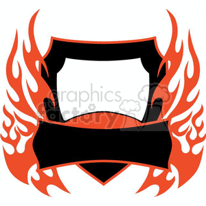A clipart image featuring a blank shield in the center with red flames on either side and a black banner below the shield.