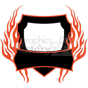 A clipart image of a blank shield with red flames surrounding it and a blank black banner across the bottom.
