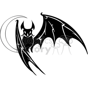 The image is a black and white clipart of a stylized bat in flight, with its wings spread wide open. The background features a crescent moon, adding an eerie or Halloween-like atmosphere to the image. The bat's design is simplified, making it suitable for vinyl cutting or similar graphic applications.