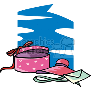 Clipart image featuring a pink heart-decorated gift box with a lid, a red heart-shaped object, and a green envelope, set against a blue abstract background.