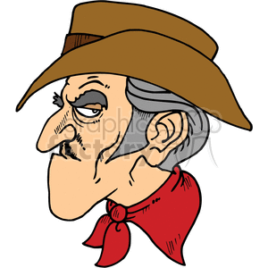 A humorous clipart image of a grumpy cowboy with a large hat and red bandana.