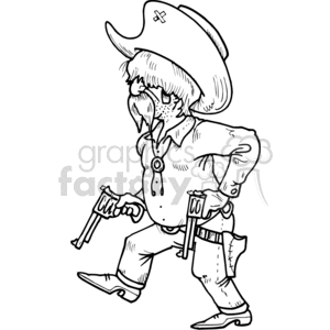 A funny cartoon illustration of an angry cowboy gunslinger holding two pistols.