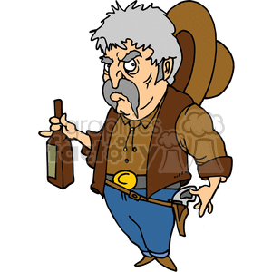 A humorous illustration of an angry cowboy gunslinger holding a whiskey bottle, wearing western attire including a hat and belt, with a stern expression on his face.