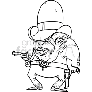 Humorous cartoon of an angry cowboy gunslinger with an oversized hat and mustache, holding a pistol and glaring menacingly.