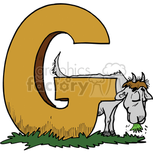 a large letter G with a goat next to it, eating the grass
