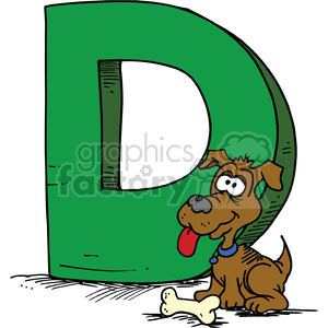 A playful cartoon dog sitting in front of a large green letter 'D' while holding a bone.