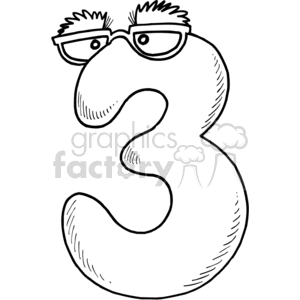A playful clipart image of the number three with facial features, including glasses and eyebrows, giving it a humorous and animated appearance.