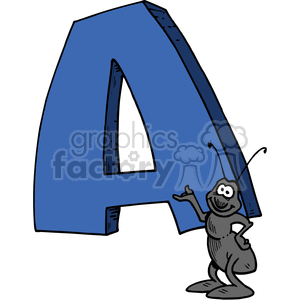 Cartoon ant standing next to a large blue letter 'A'.