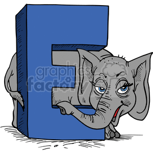 A cartoon elephant leaning on a large blue letter 'E'.