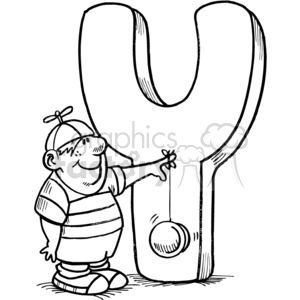 Boy with a yo yo standing in front of the letter Y