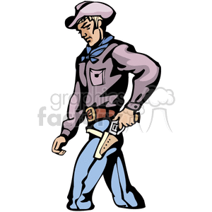 Clipart image of a western cowboy in traditional attire with a hat and a holstered gun.