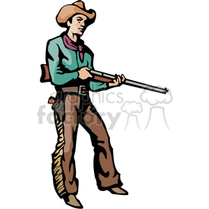 A Cowboy with Brown Chaps Holding a Rifle Ready to Shoot