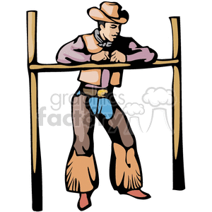 Clipart of a cowboy leaning on a wooden fence wearing a cowboy hat, vest, and boots typical of the Wild West.