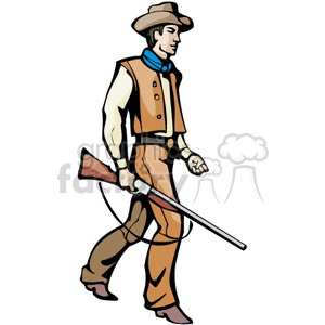 Clipart image of a cowboy in classic western attire, holding a rifle.