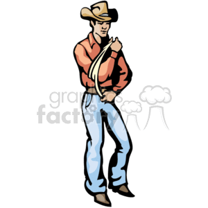 Clipart image of a cowboy holding a rope, wearing a cowboy hat, an orange shirt, blue jeans, and brown boots.